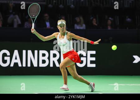 Malaga, Malaga, Spain. 16th Nov, 2024. Magdalena Frech of Poland, returns with forehand against Marie Bouzkova of Czechia during the 2024 Billie Jean King Cup Finals - Womens Tennis (Credit Image: © Mathias Schulz/ZUMA Press Wire) EDITORIAL USAGE ONLY! Not for Commercial USAGE! Stock Photo