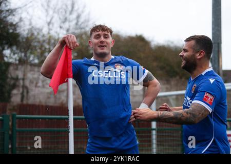 Redditch, UK, 17th November 2024. Jack Duffy of Stamford AFC celebrates his sideÕs first goal during the  Southern League Premier Division Central game between Redditch Utd vs Stamford AFC  (Credit: Gustavo Pantano/Alamy Live News) Stock Photo