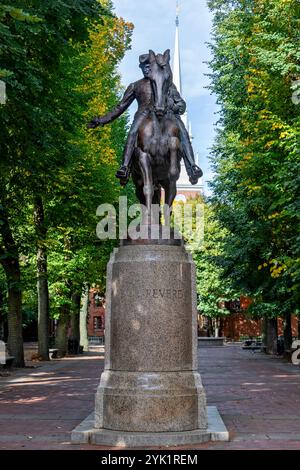 An equestrian statue of Paul Revere, installed at Paul Revere Mall near the Old North Church in Boston, Massachusetts Stock Photo