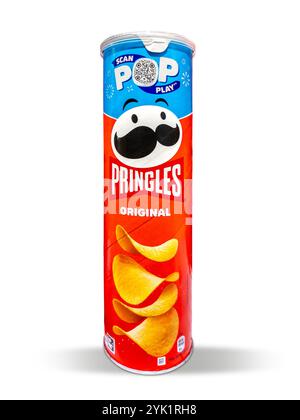 Italy - November 13, 2024: tube of Pringles potato chips original flavour, isolated on white. Pringles is now a Kellogg Company-owned brand created by Stock Photo