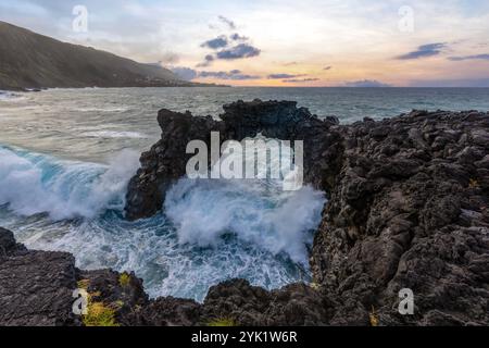 The Fajã da Ribeira d’Areia is located in the North of the São Jorge island, Azores. Stock Photo