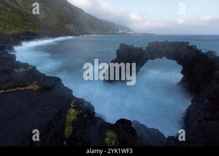 The Fajã da Ribeira d’Areia is located in the North of the São Jorge island, Azores. Stock Photo