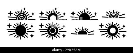 Set of Black Sun and Moon Celestial Icons with Stars and Rays. Minimalist Boho Vector Illustrations for Design Elements. Stock Vector