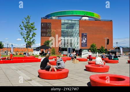 ARoS Aarhus Kunstmuseum (designed by Danish architects Schmidt Hammer Lassen) topped with the installation "Your rainbow panorama" a circular skywalk Stock Photo