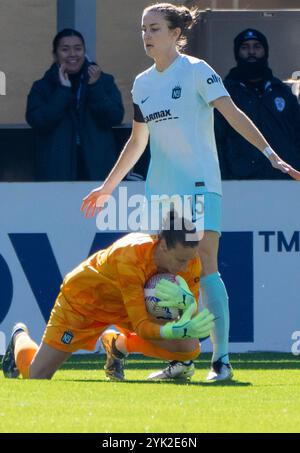 NJ/NY Gotham FC goalkeeper Ann-Katrin Berger (30) goes up to collect a ...