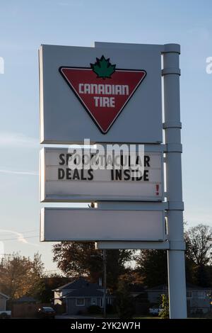 Canadian Tire store spooktacular deals sign on Mill Street East in Tilbury, Ontario, Canada Stock Photo