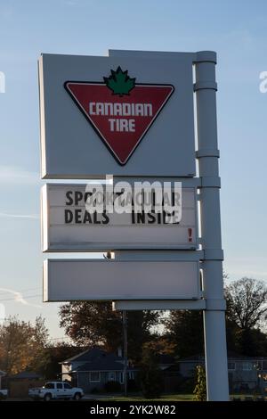 Canadian Tire store spooktacular deals sign on Mill Street East in Tilbury, Ontario, Canada Stock Photo