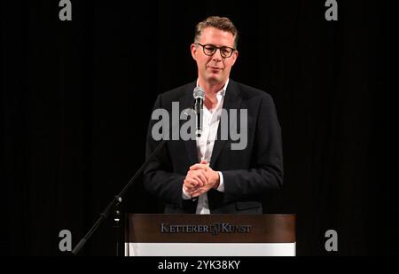 Munich, Germany. 16th Nov, 2024. Markus Blume, Minister of State for Science and the Arts, speaks at the PIN Munich 2024 charity auction at the Pinakothek der Moderne. The auction takes place every year in the Rotunda of the Pinakothek der Moderne. After the auction and a dinner, the evening ends with a party. Credit: Felix Hörhager/dpa/Alamy Live News Stock Photo