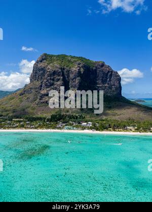 Aerial view of lagoon and mountain Le Morne, Le Morne, Rivière Noire, Mauritius, Indian Ocean Stock Photo