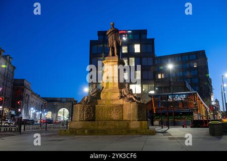 Newcastle upon Tyne, UK - July 3, 2024: Bronze and grit-stone memorial to the great engineer George Stephenson, near Newcastle's Central Station at th Stock Photo