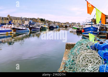 Fishing port in Port-en-Bessin-Huppain on the Côte de Nacre (Cote de Nacre, Mother of Pearl Coast, landing beaches) in the Calvados department in the Stock Photo