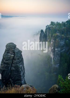 View from the Ferdinandstein to the Neurathen rock castle at sunrise, Bastei, Saxon Switzerland, Elbe Sandstone Mountains, Saxony, Germany, Europe Stock Photo