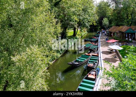 Maison des Hortillonnages (floating gardens) with boats for boat tours through the water labyrinth in Amiens in the Somme department in the Hauts-de-F Stock Photo