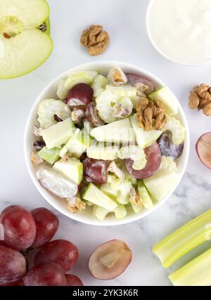 Bowl of waldorf salad with apple, celery, grapes, walnuts and yogurt on a white background. Top view.  Stock Photo