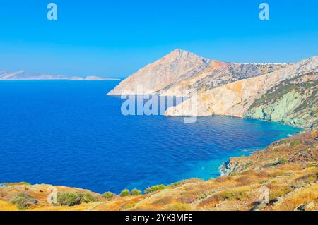 View of Folegandros Island multicolored rocks coastline, Chora, Folegandros Island, Cyclades Islands, Greece Stock Photo