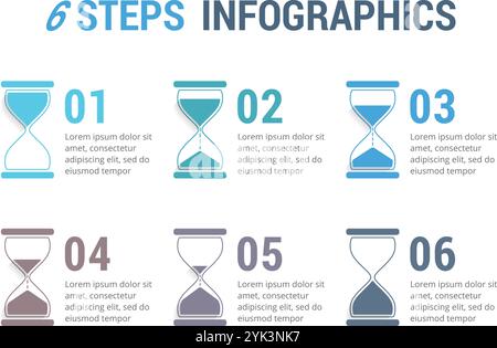 6 Steps infographics with hourglass, vector eps10 illustration Stock Vector
