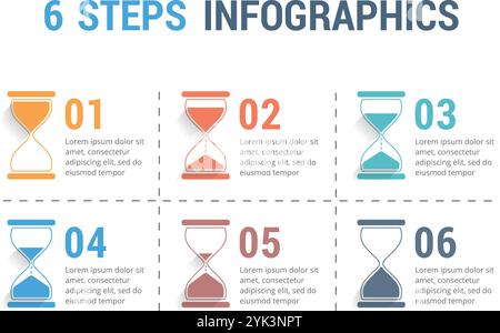 6 Steps infographics with hourglass, vector eps10 illustration Stock Vector