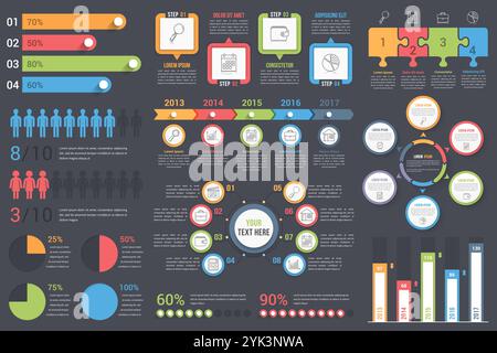 Set of infographic elements on dark background - bar graphs, human infographics, pie charts, steps and options, workflow, puzzle, percents, circle dia Stock Vector
