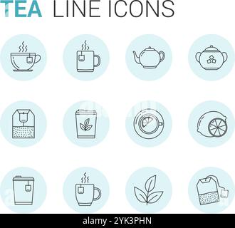 12 Tea line icons in circles - tea bags, tea cups and mugs, leaves, lemon, sugar, teapot, vector eps10 illustration Stock Vector