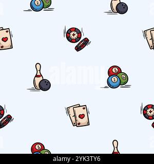 Vector seamless pattern with bowling balls, casino chips, cards, billiards. Background related to board games, hobbies Stock Vector