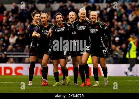 Arsenal striker Stina Blackstenius celeabrats scoring her team third goal during the Barclays Women«s Super League match between Tottenham Hotspur and Stock Photo