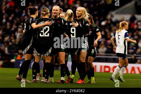 Arsenal striker Stina Blackstenius celeabrats scoring her team third goal during the Barclays Women«s Super League match between Tottenham Hotspur and Stock Photo