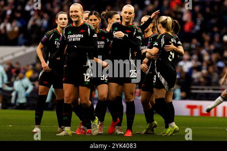 Arsenal striker Stina Blackstenius celeabrats scoring her team third goal during the Barclays Women«s Super League match between Tottenham Hotspur and Stock Photo