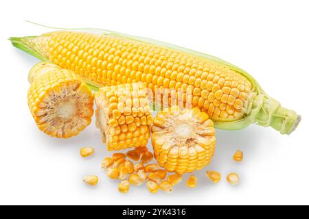 Peeled corn cob and pieces of maize cob isolated on white background. File contains clipping path. Stock Photo