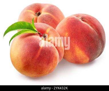 Ripe red peaches with green leaf isolated on white background. File contains clipping path. Stock Photo