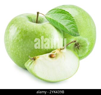 Green apples with leaf and piece of apple isolated on white background. File contains clipping path. Stock Photo