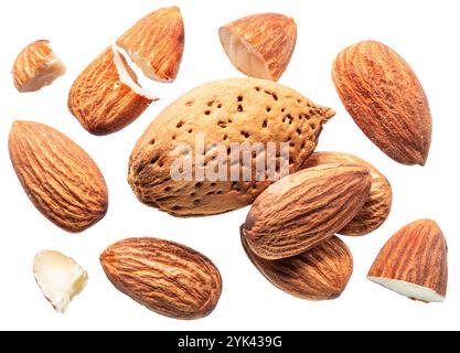 Different almond nuts levitating in air on white background. File contains clipping paths. Stock Photo