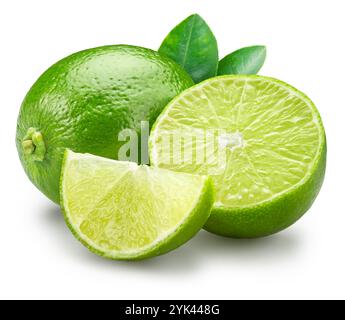 Ripe lime fruits with slices and lime leaves isolated on a white background. File contains clipping path. Stock Photo