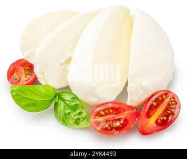 Sliced mozzarella cheese with basil leaves and cherry tomatoes on white background. File contains clipping path. Stock Photo