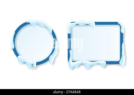 Round and rectangular winter snow frames. Vector 3d illustration. Stock Vector