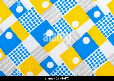 Checkered colorful fabric texture blue and yellow flannelette fabric top view Stock Photo