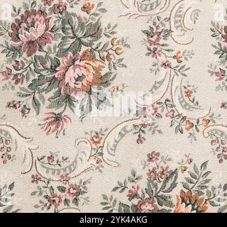 Seamless old-fashioned floral pattern on a tapestry fabric texture biege background. Old retro fashion Stock Photo