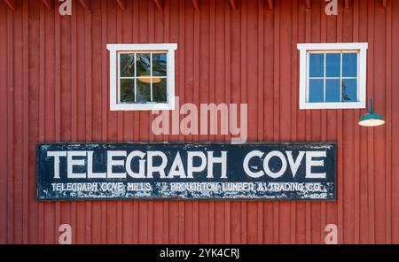 Telegraph Cove sign in the marina of Telegraph Cove town, Vancouver Island, British Columbia, Canada. Stock Photo