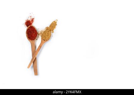 Wooden Spoons with Red Chili Powder and Cumin on White Background – Minimalist Food Styling, Culinary Spices, Organic Ingredients, and Aromatic Season Stock Photo