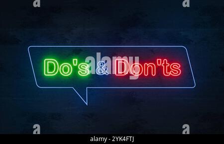 Do s and Don ts Do s and Don ts Illuminated neon sign in green, blue and red on a dark concrete wall. Rules, instructions, advice, guideline. neon sign053 dos and donts Stock Photo