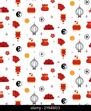 China new year elements seamless pattern in oriental graphic traditional style. festive ornament for lunar chinese new year decoration. Red and golden Stock Vector