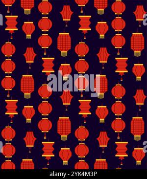 Happy Chinese new year seamless pattern background vector. Chinese hanging red graphic lantern, gold texture. Modern luxury oriental illustration for Stock Vector