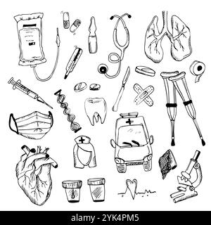 Hand drawn doodles, isolated vector objects on white background. Healthcare and medicine vector illustration. Stock Vector