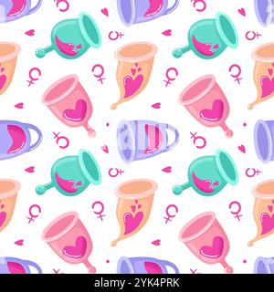 Seamless design featuring menstrual cups and the female symbol. Focus on hygiene products, sustainable consumption, waste reduction, eco-friendly Stock Vector