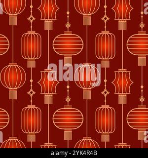 Seamless pattern of Chinese paper Hanging lantern Denglong. Good luck knot. Chinese New Year, Mid-Autumn Festival. Flat minimalistic geometric design Stock Vector