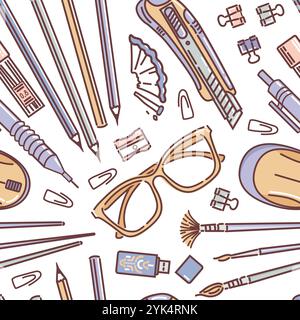 A seamless pattern featuring stationery supplies, including pencils, sharpeners, paper clips, USB drives, glasses, cutters, brushes. Ideal for designs Stock Vector