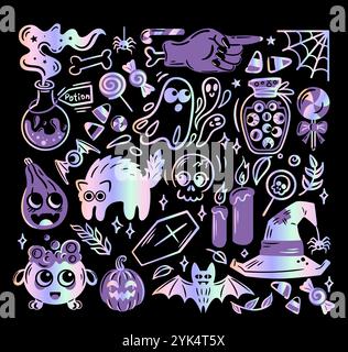 Metallic Y2k holographic Halloween sticker. Shiny gradient, 2000s style foil. Aesthetics of the 90s, 00s. various Set of vector illustrations in Stock Vector
