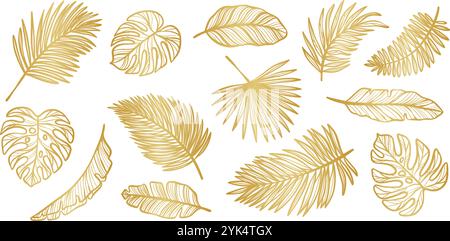 Gold tropical leaves, gradient golden foliage illustration, shining leaf set, isolated Stock Vector