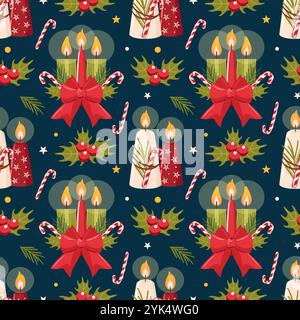 This festive pattern features candles, holly, and candy canes, spreading holiday cheer to all who see it. perfect for use in textiles, wallpaper, and Stock Vector