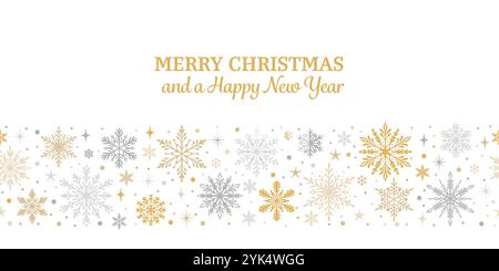 Merry Christmas elegant greeting card concept design, seamless repeating snowflake border, winter holiday banner illustration, bright Stock Vector
