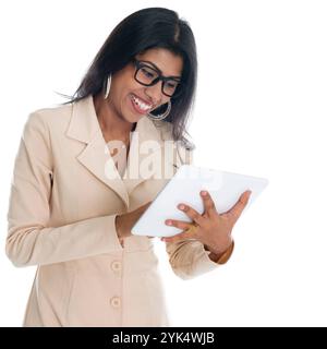 Indian businesswoman using digital tablet pc Indian businesswoman working with digital tablet pc. India office woman using digital tablet pc. Portrait Stock Photo